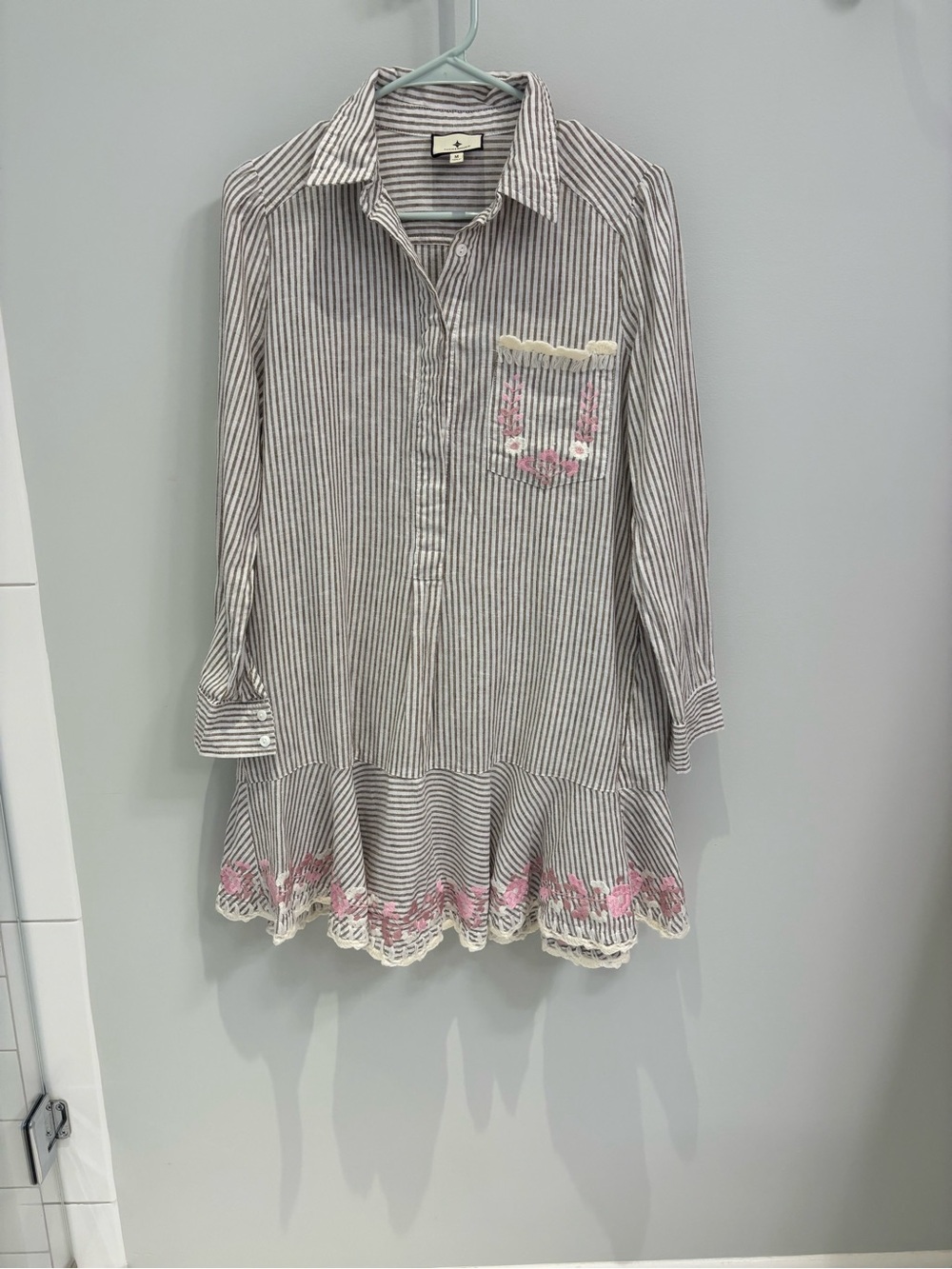 Tuckernuck Striped Shirt Dress with Pink Embroidered Trim
